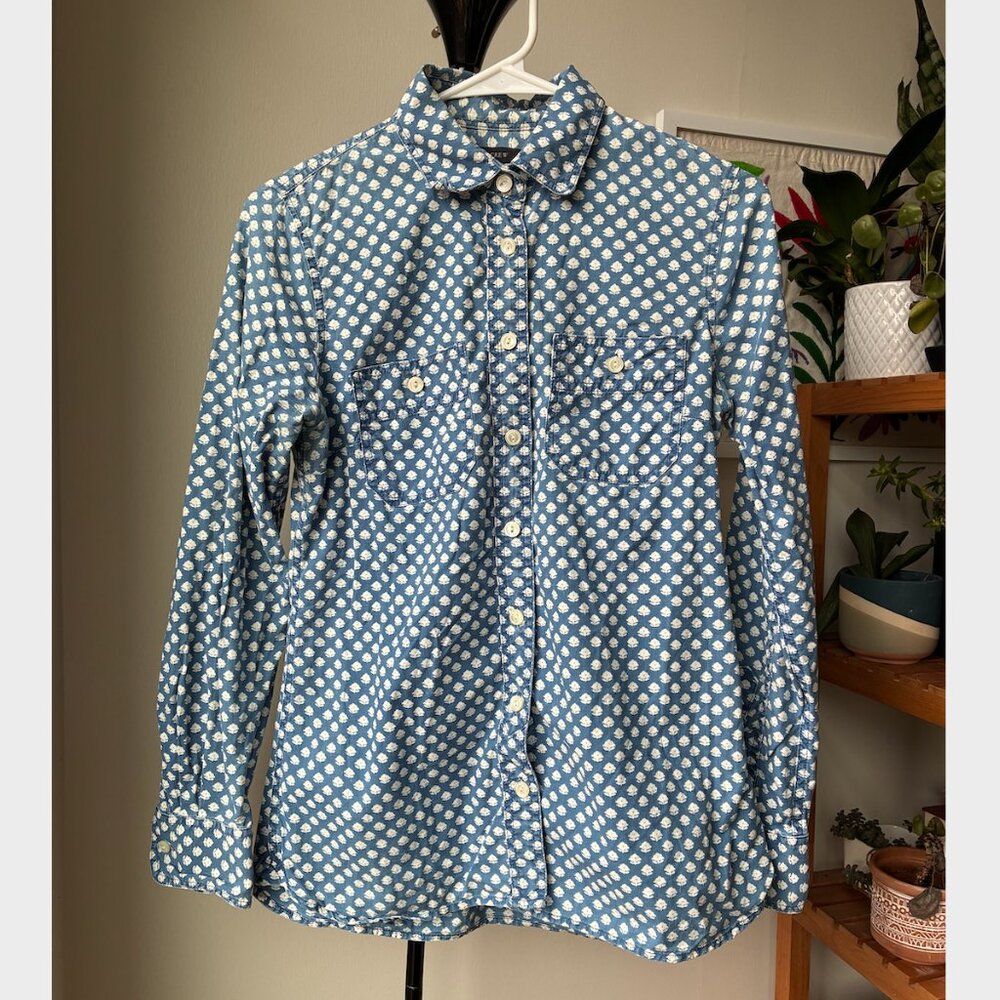 J. Crew Denim Blue and White Floral Long Sleeve Button Up Shirt - Size 2